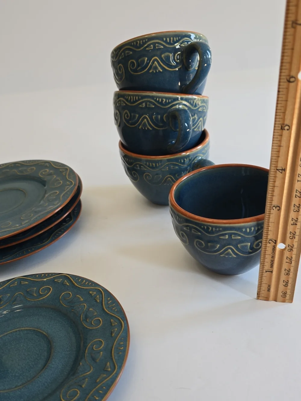 Pier 1 Set Of 4 Tunisia Cups Saucers Stoneware Blue Scroll Pattern Retired
